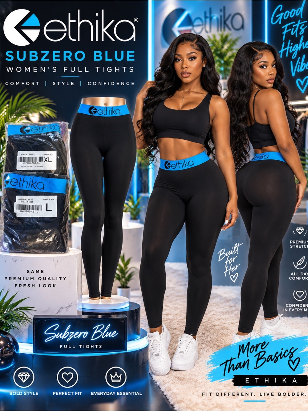 ethika Black Full Tights with Blue Waistband